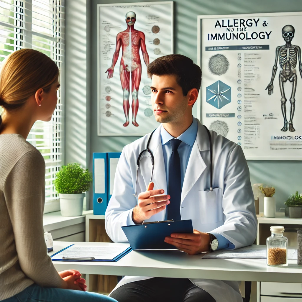 Allergy and immunology specialist consulting a patient for allergy treatment